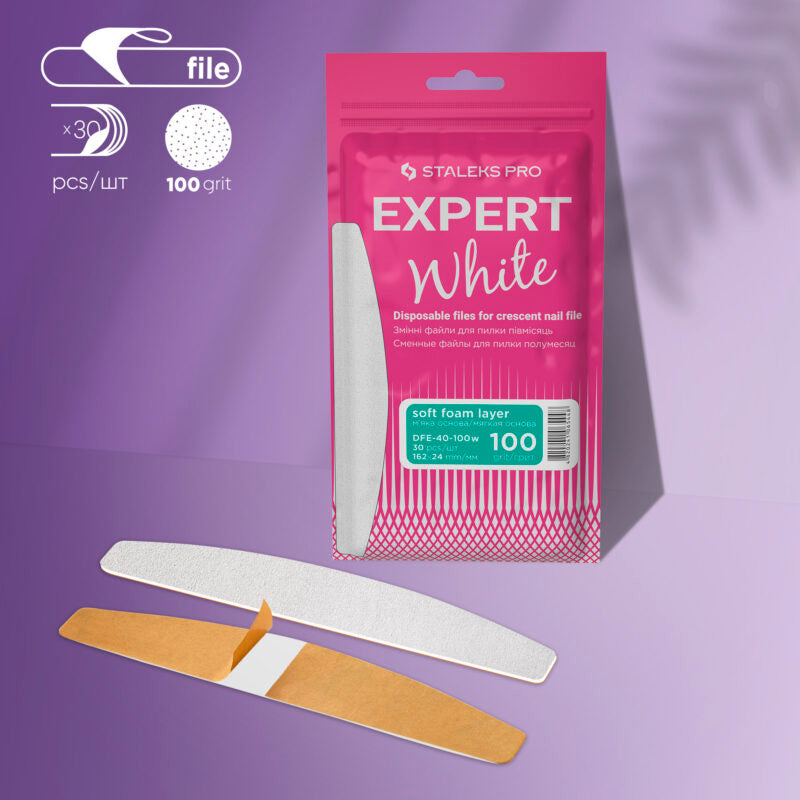 Disposable white files for crescent nail file on a soft foam layer EXPERT 40 100 grit (30 pcs)